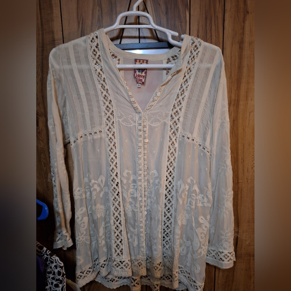 NWOT Cream Rayon Embroidered Tone On Tone Peasant Tunic Top -Medium
